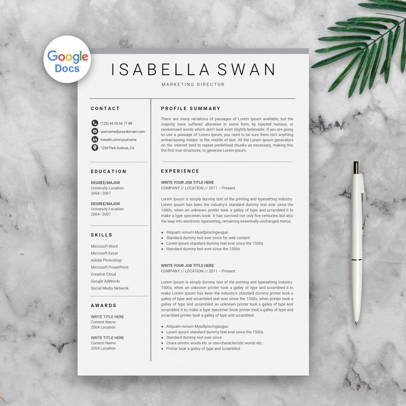 Isabella Swan Google Docs Resume, CV Template Instant Download - Resume Market | Resume, CV, Google Docs Template Download